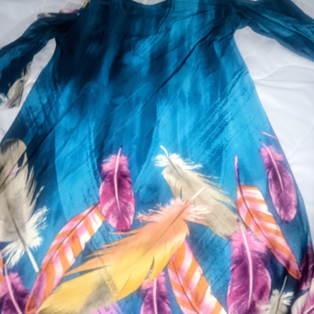 Vibrant Feather Print Long Sleeve Dress